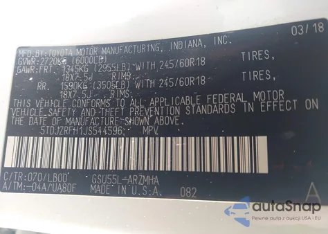 2018 Toyota Highlander Xle from USA, damaged, VIN 5TDJZRFH1JS544596